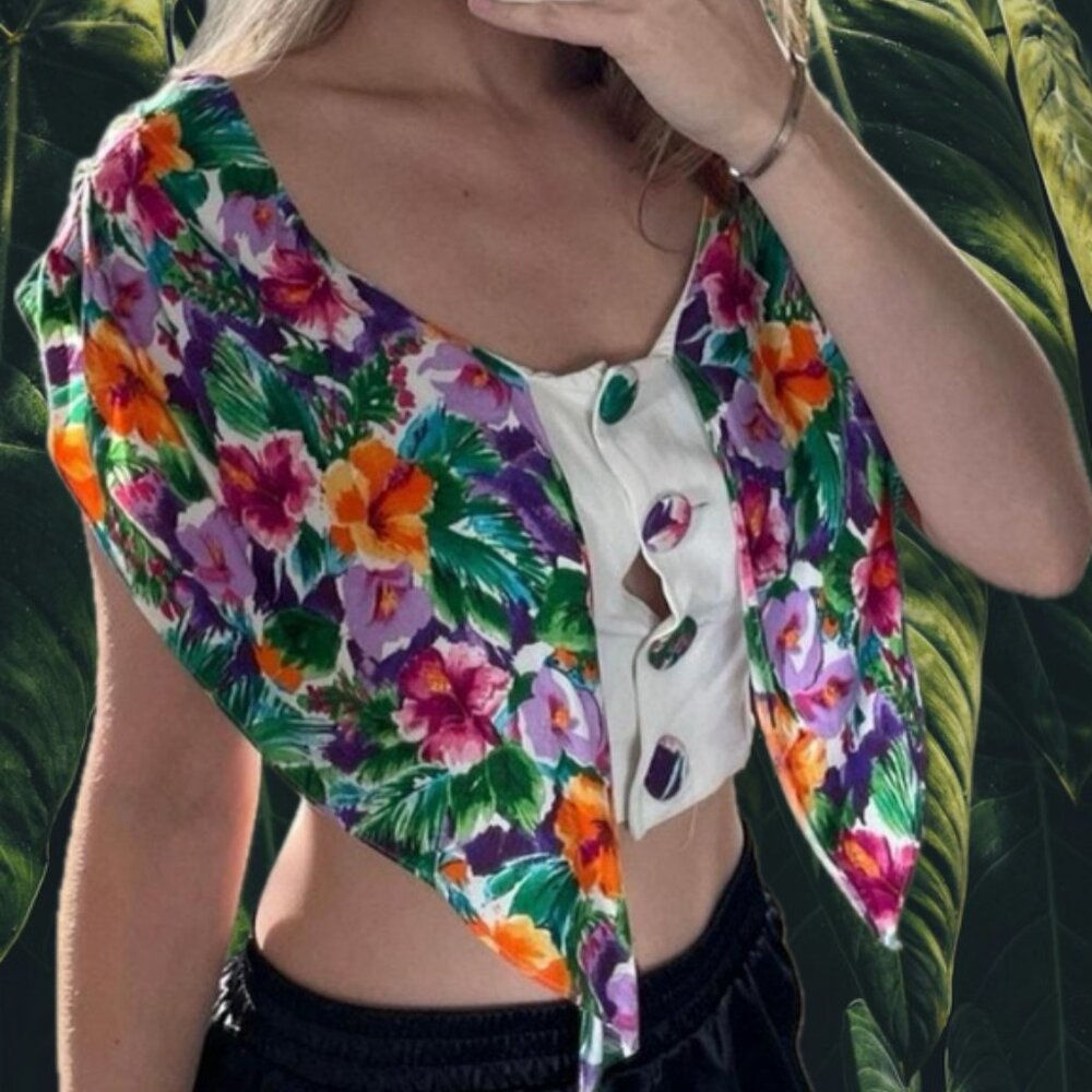 vintage 80s flower cottagecore button up cropped blouse
